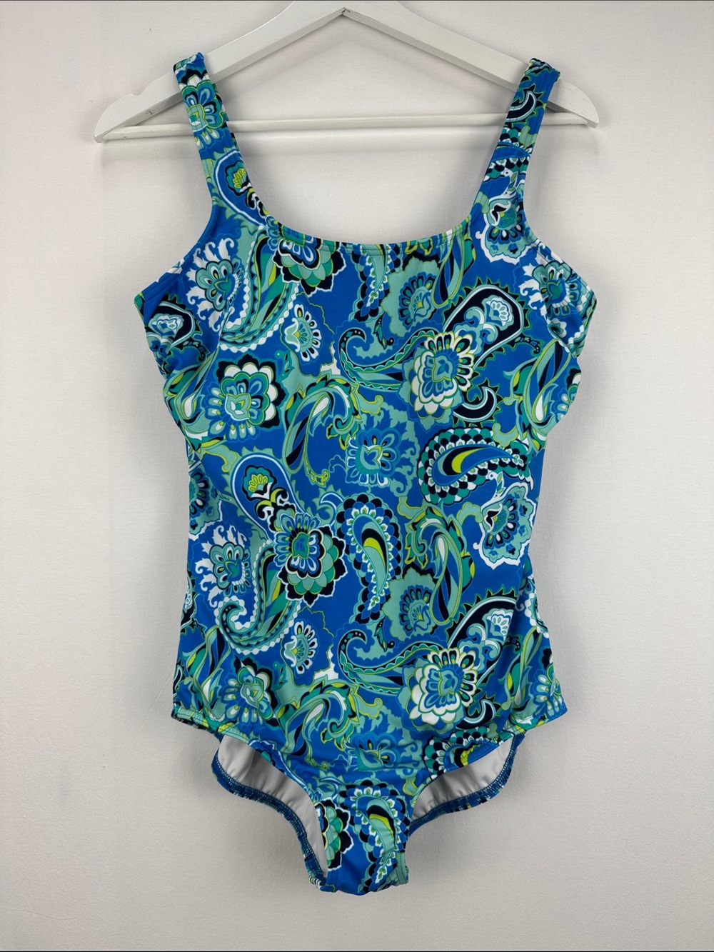 Lands’ End Paisley One Piece Swimsuit Blue Green Print Size 14
